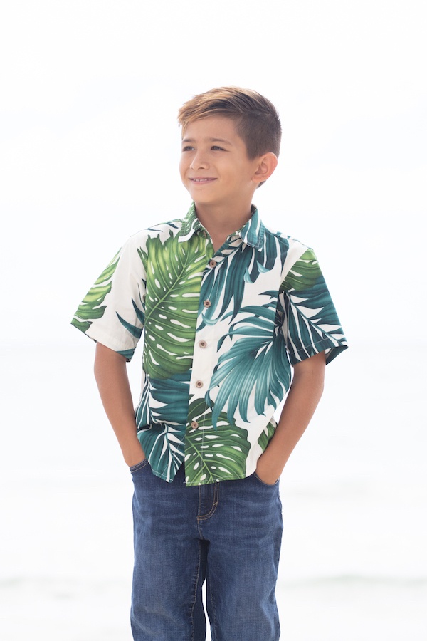 Hoshio in Boy's Monstera Aloha Shirt