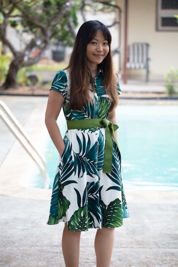 Tiffanie in Women's Monstera Aloha Shirt Dress